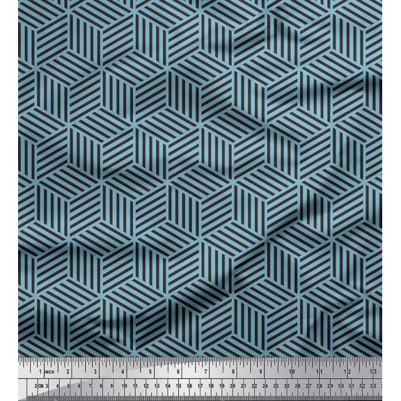 Soimoi Blue Silk Fabric Maze Cube Geometric Print Sewing Fabric Yard 42 Inch Wide