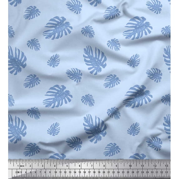 Soimoi Blue Silk Fabric Monstera Leaves Decor Fabric Printed Yard 42 Inch Wide