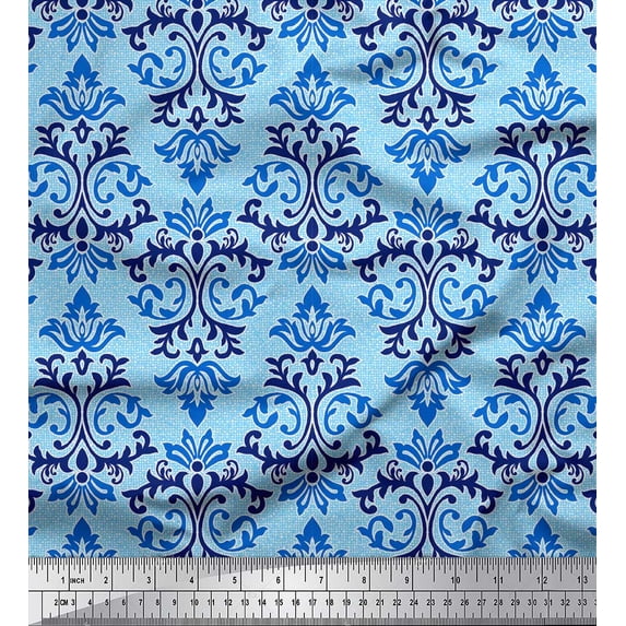 Soimoi Blue Silk Fabric Mosaic Damask Print Sewing Fabric Yard 44 Inch Wide