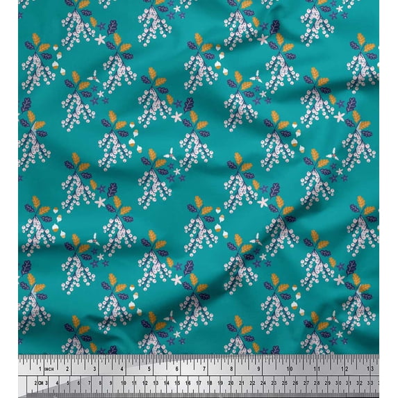 Soimoi Blue Silk Fabric Oak Leave & Berries Fruits Fabric Prints By Yard 42 Inch Wide