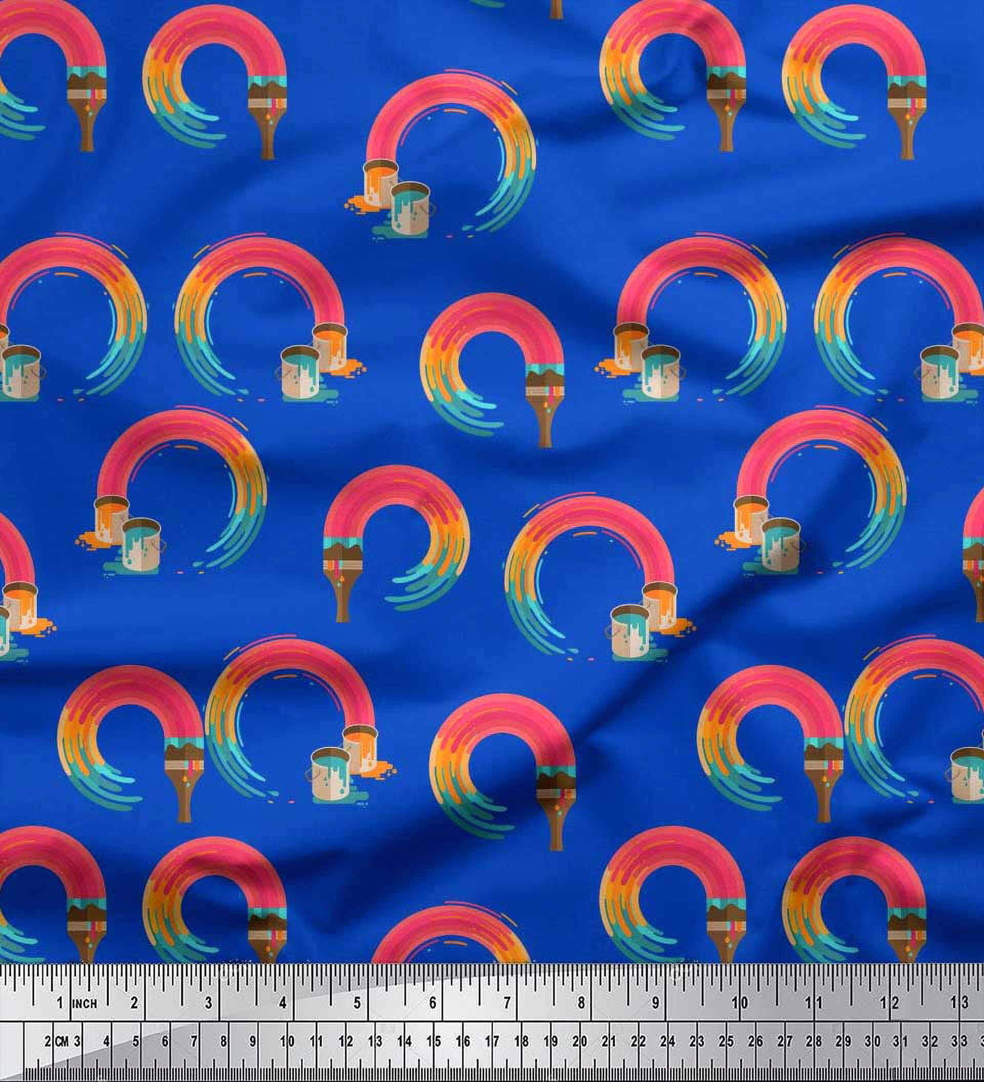 Soimoi Blue Silk Fabric Paint Brush Abstract Print Sewing Fabric Yard 42 Inch Wide