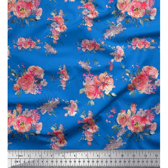 Soimoi Blue Silk Fabric Ranunculus & Roses Floral Print Fabric by the Yard 44 Inch Wide