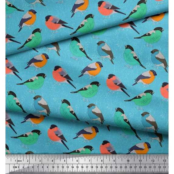 Soimoi Blue Silk Fabric Rufous Flycatcher Bird Print Fabric by the Yard 44 Inch Wide