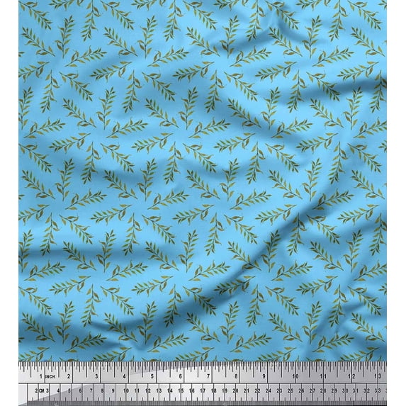 Soimoi Blue Silk Fabric Seal Leaves Decor Fabric Printed Yard 44 Inch Wide