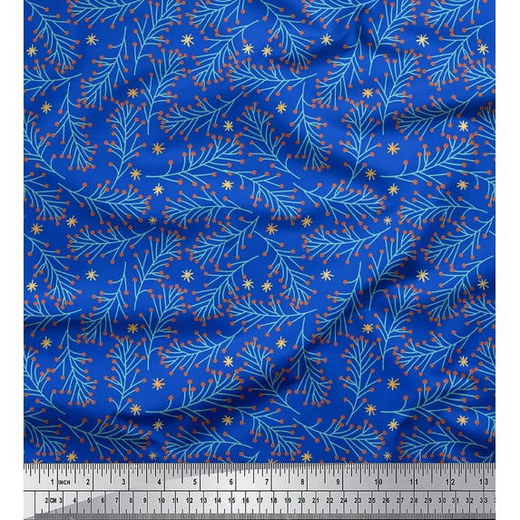 Soimoi Blue Silk Fabric Snowflake & Red Berries Fruits Printed Fabric 1 Yard 42 Inch Wide