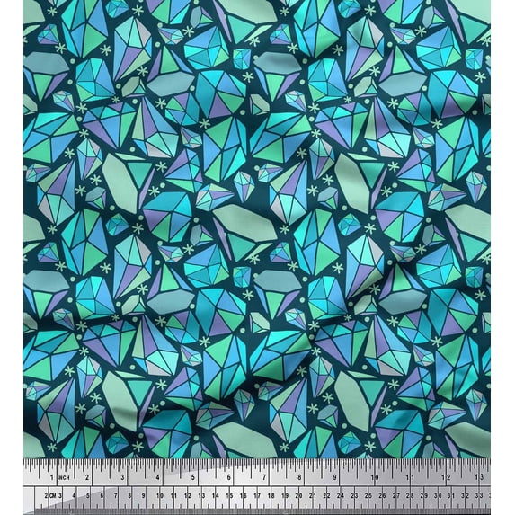Soimoi Blue Silk Fabric Snowflakes & Diamond Geometric Print Fabric by Yard 42 Inch Wide