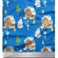 thumbnail image 1 of Soimoi Blue Silk Fabric Snowman,House & Tree Christmas Decor Fabric Printed Yard 42 Inch Wide, 1 of 1