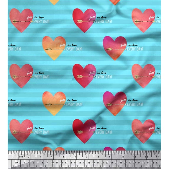 Soimoi Blue Silk Fabric Stripe,Arrow & Heart Print Fabric by the Yard 42 Inch Wide
