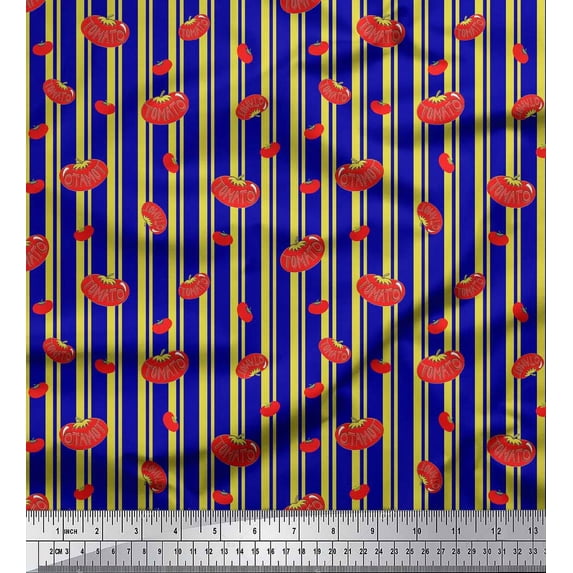 Soimoi Blue Silk Fabric Stripe & Tomato Vegetable Decor Fabric Printed Yard 42 Inch Wide