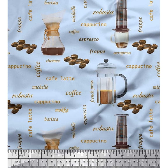 Soimoi Blue Silk Fabric Text & Coffee Maker Kitchen Print Sewing Fabric Yard 42 Inch Wide
