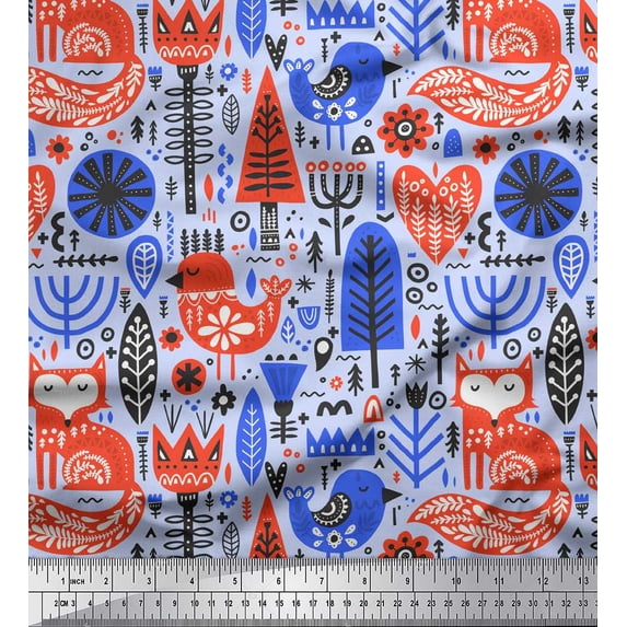 Soimoi Blue Silk Fabric Tree & Fox Folk Art Print Fabric by the Yard 44 Inch Wide