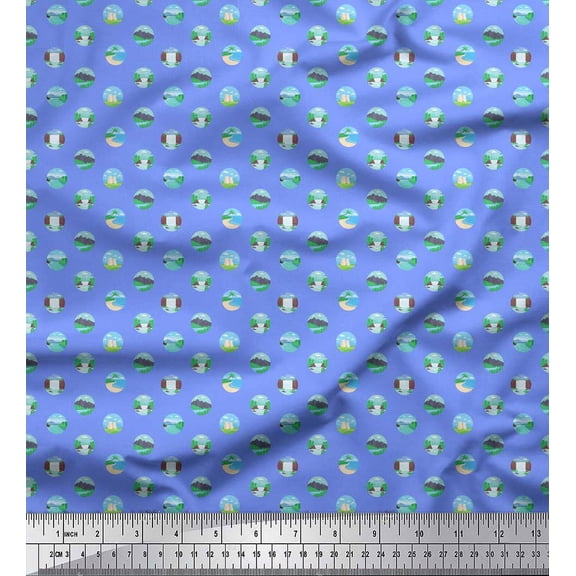 Soimoi Blue Silk Fabric Tree,River & Mountain Nature Decor Fabric Printed Yard 42 Inch Wide