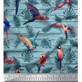 thumbnail image 1 of Soimoi Blue Silk Fabric Tropical Leaves & Bird Printed Fabric 1 Yard 44 Inch Wide, 1 of 3