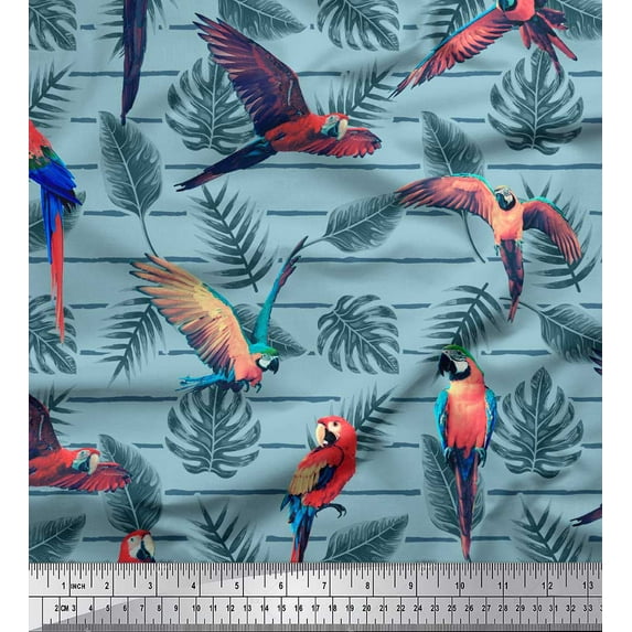 Soimoi Blue Silk Fabric Tropical Leaves & Bird Printed Fabric 1 Yard 44 Inch Wide