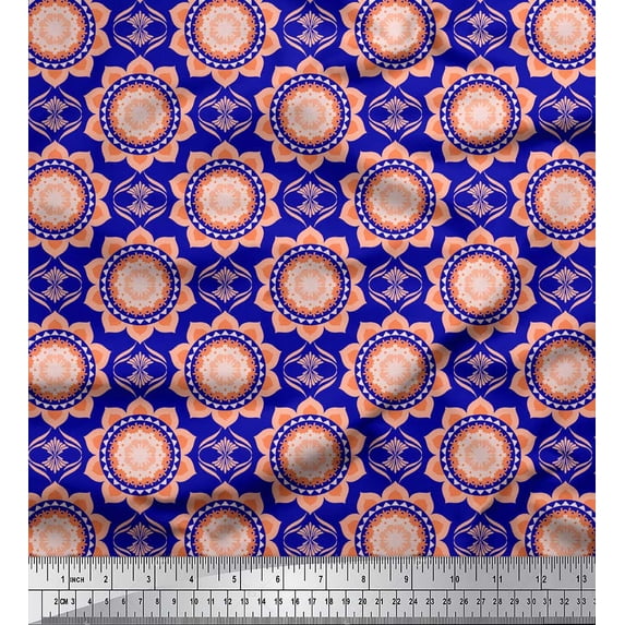 Soimoi Blue Silk Fabric Vector Design Damask Printed Fabric 1 Yard 42 Inch Wide