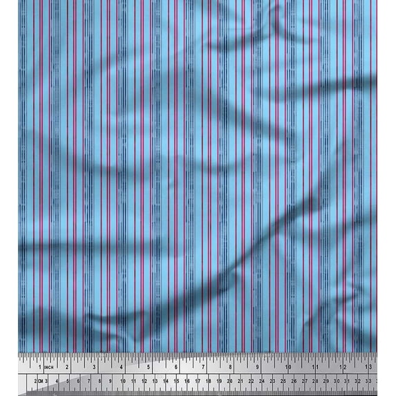 Soimoi Blue Silk Fabric Vertical Stripe Printed Craft Fabric by the Yard 42 Inch Wide
