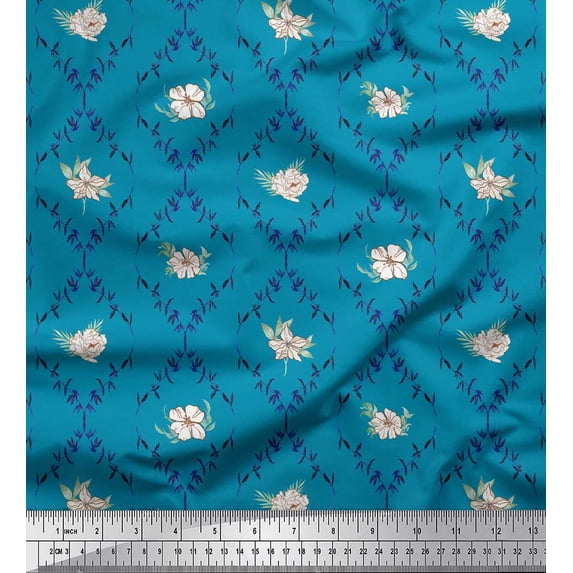 Soimoi Blue Silk Fabric White Floral & Ogee Damask Decor Fabric Printed BTY 44 Inch Wide