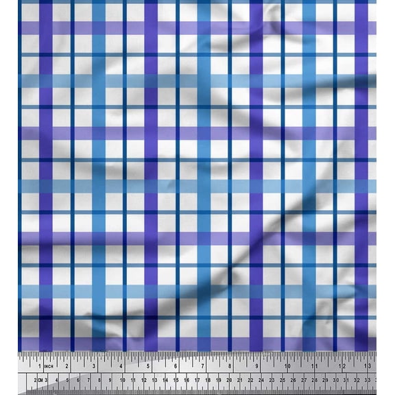 Soimoi Blue Silk Fabric Window Pane Check Print Fabric by Yard 42 Inch Wide