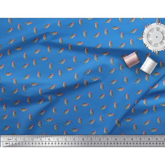 Soimoi Blue Silk Fabric Woodpecker Bird Print Sewing Fabric Yard 44 Inch Wide