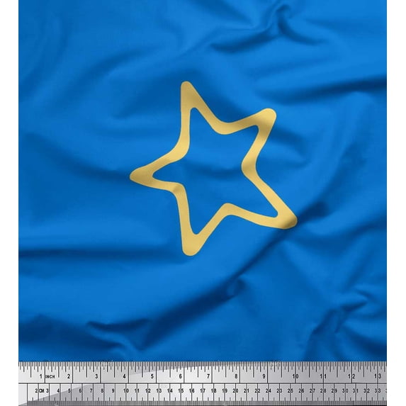Soimoi Blue Silk Fabric Yellow Star Printed Fabric 1 Yard 42 Inch Wide