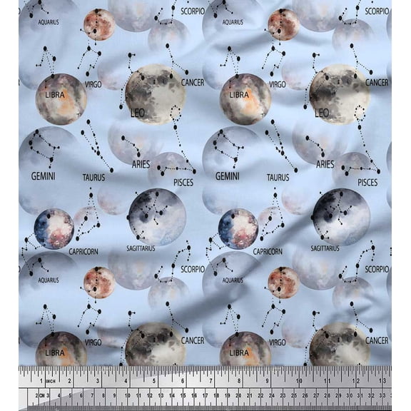 Soimoi Blue Silk Fabric Zodiac Text & Planet Galaxy Decor Fabric Printed Yard 44 Inch Wide