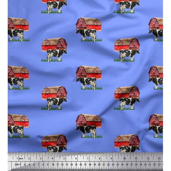 Soimoi Blue Velvet Fabric Barn & Cow Farm Printed Fabric 1 Yard 60 Inch Wide