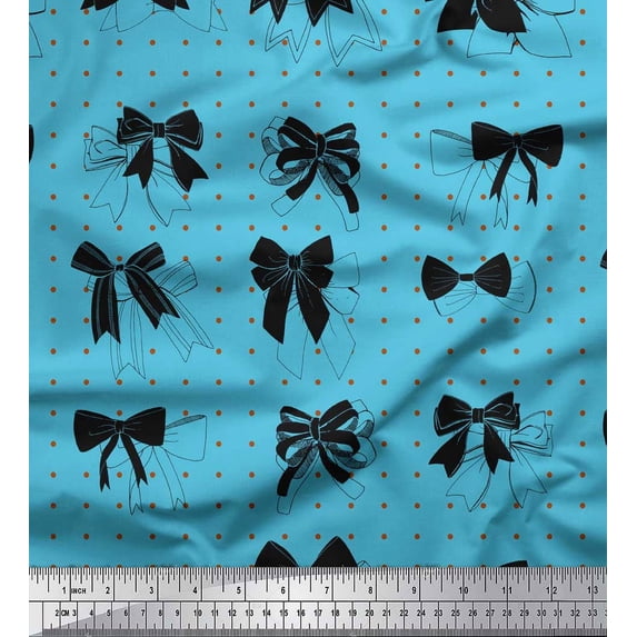 Soimoi Blue Velvet Fabric Bow & Dots Print Sewing Fabric Yard 58 Inch Wide