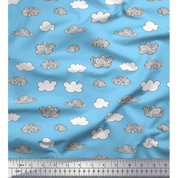 Soimoi Blue Velvet Fabric Cloud Nature Print Sewing Fabric Yard 58 Inch Wide