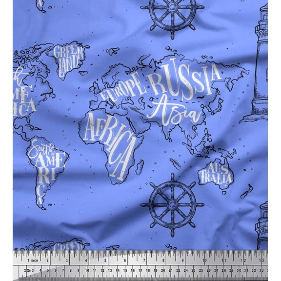 Soimoi Blue Velvet Fabric Direction Compass & Lighthouse Map Printed Fabric 1 Yard 58 Inch Wide