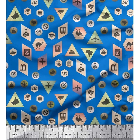 Soimoi Blue Velvet Fabric Direction Compass,Map & Airplane Travel Decor Fabric Printed Yard 58 Inch Wide