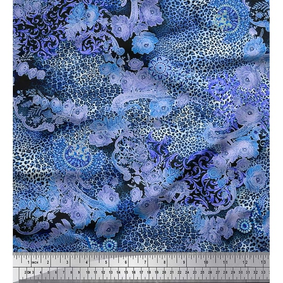 Soimoi Blue Velvet Fabric Floral & Leopard Animal Skin Print Fabric by the Yard 58 Inch Wide