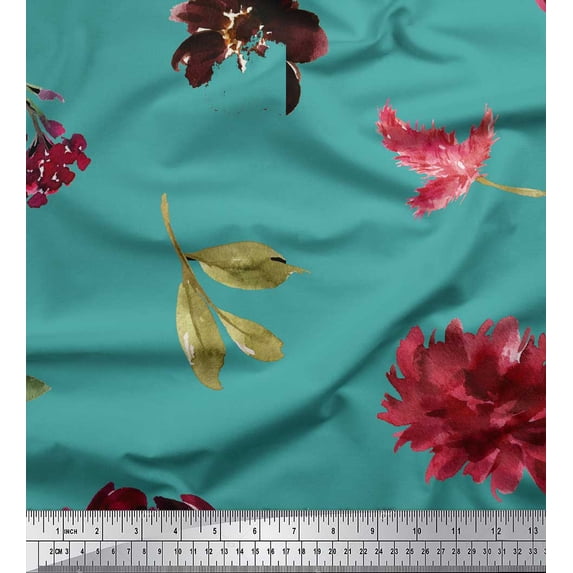 Soimoi Blue Velvet Fabric Leaves & Peony Floral Decor Fabric Printed Yard 58 Inch Wide