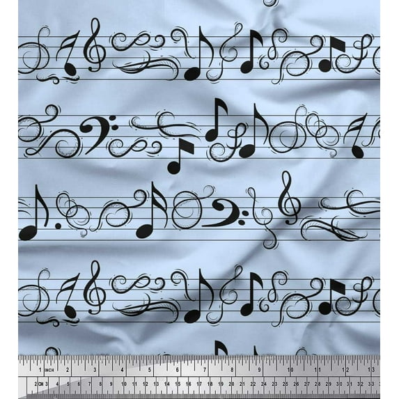 Soimoi Blue Velvet Fabric Notes Musical Instrument Decor Fabric Printed Yard 58 Inch Wide