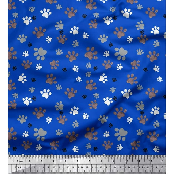 Soimoi Blue Velvet Fabric Paw Dog Print Fabric by the Yard 58 Inch Wide