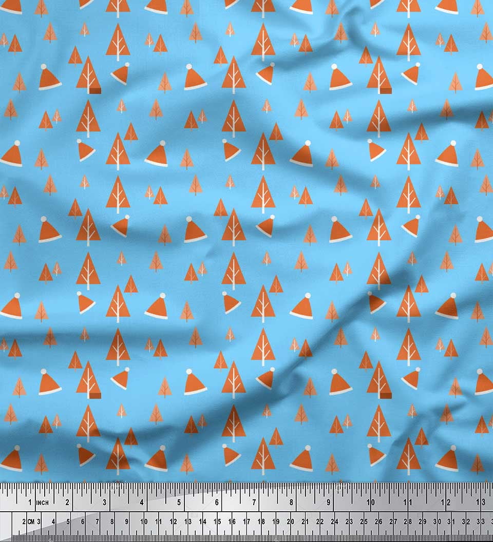 Soimoi Blue Velvet Fabric Santa Cap & Tree Christmas Printed Craft Fabric by the Yard 58 Inch Wide