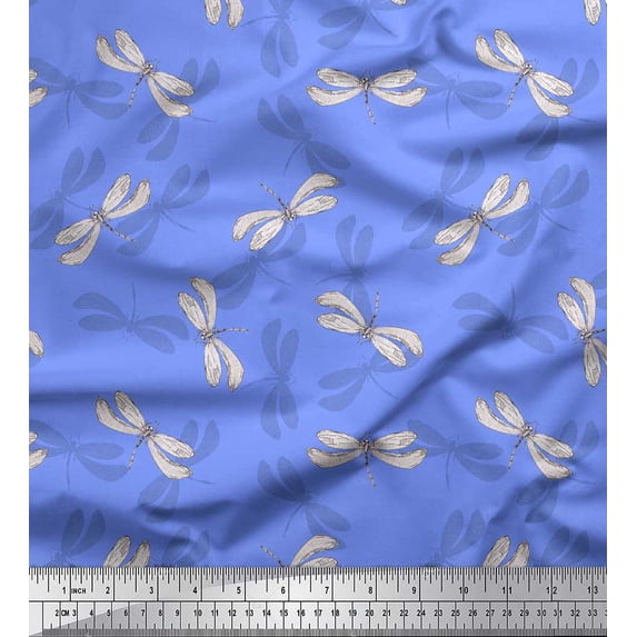 Soimoi Blue Velvet Fabric Shadow & Dragonfly Insect Print Fabric by the Yard 58 Inch Wide