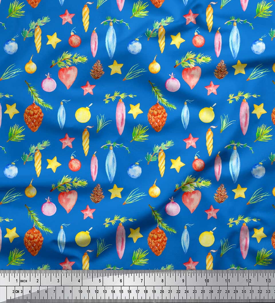 Soimoi Blue Velvet Fabric Star & Baubles Christmas Print Fabric by the Yard 58 Inch Wide