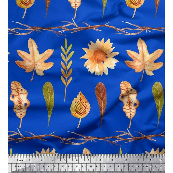 Soimoi Blue Velvet Fabric Sunflower & Autumn Leaves Decor Fabric Printed Yard 58 Inch Wide