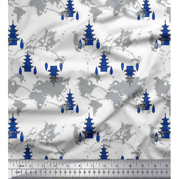 Soimoi Blue Velvet Fabric Tree & World Map Printed Fabric 1 Yard 58 Inch Wide