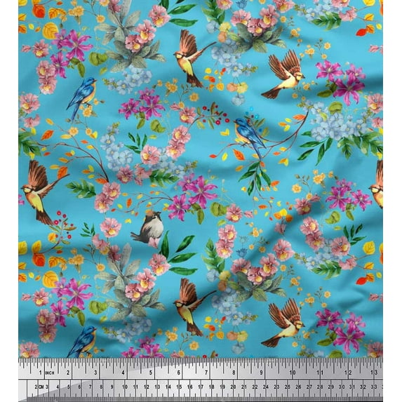 Soimoi Blue Viscose Chiffon Fabric Floral,American Robin & Bluebird Bird Print Fabric by The Yard 42 Inch Wide