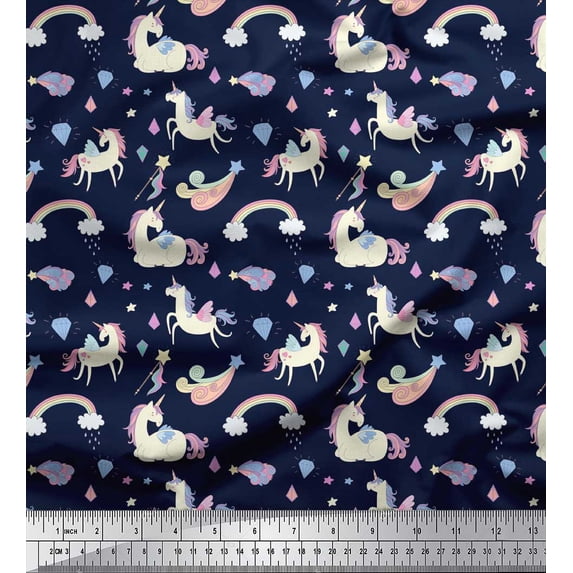 Soimoi Blue Viscose Chiffon Fabric Rainbow & Unicorn Animal Print Fabric by Yard 42 Inch Wide