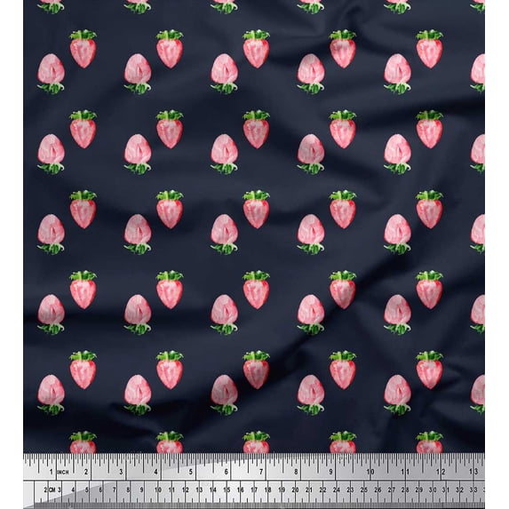 Soimoi Blue Viscose Chiffon Fabric Strawberry Fruit Print Sewing Fabric BTY 42 Inch Wide
