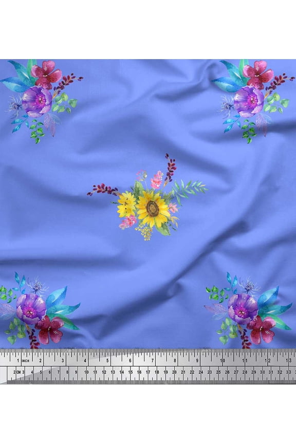 Blue Viscose Chiffon Fabric Sunflower & Peony Floral Print Fabric by the Yard 42 Inch Wide