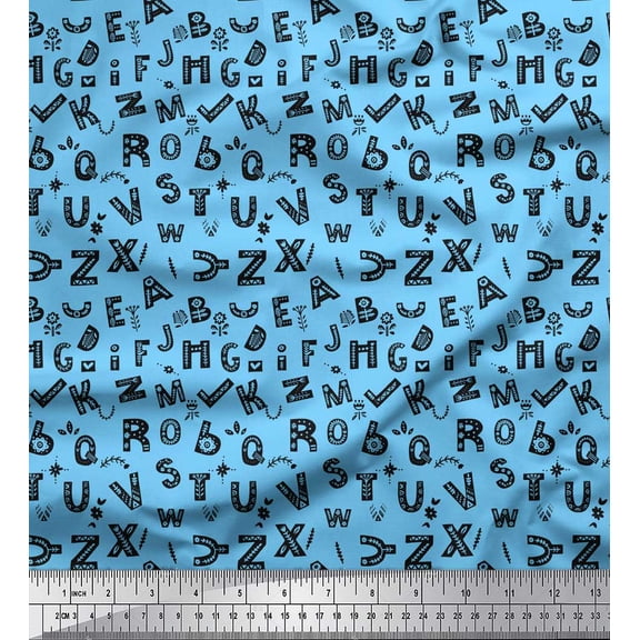 Soimoi Blue polyester Crepe Fabric Alphabet Text Printed Craft Fabric by the Yard 42 Inch Wide