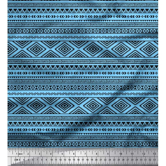 Soimoi Blue polyester Crepe Fabric Aztec Geometric Print Fabric by the Yard 42 Inch Wide