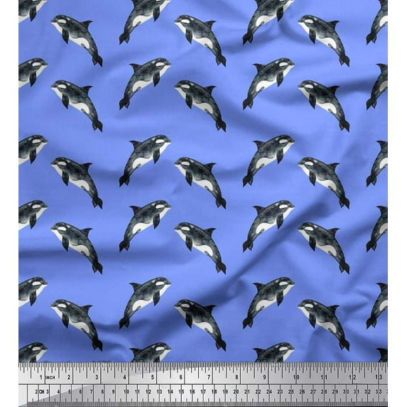 Soimoi Blue polyester Crepe Fabric Dolphin Ocean Print Fabric by the Yard 52 Inch Wide