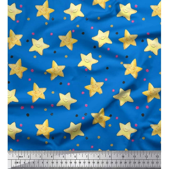 Soimoi Blue polyester Crepe Fabric Dots & Star Printed Fabric 1 Yard 42 Inch Wide