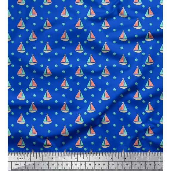 Soimoi Blue polyester Crepe Fabric Floral & Yacht Nautical Fabric Prints By Yard 42 Inch Wide