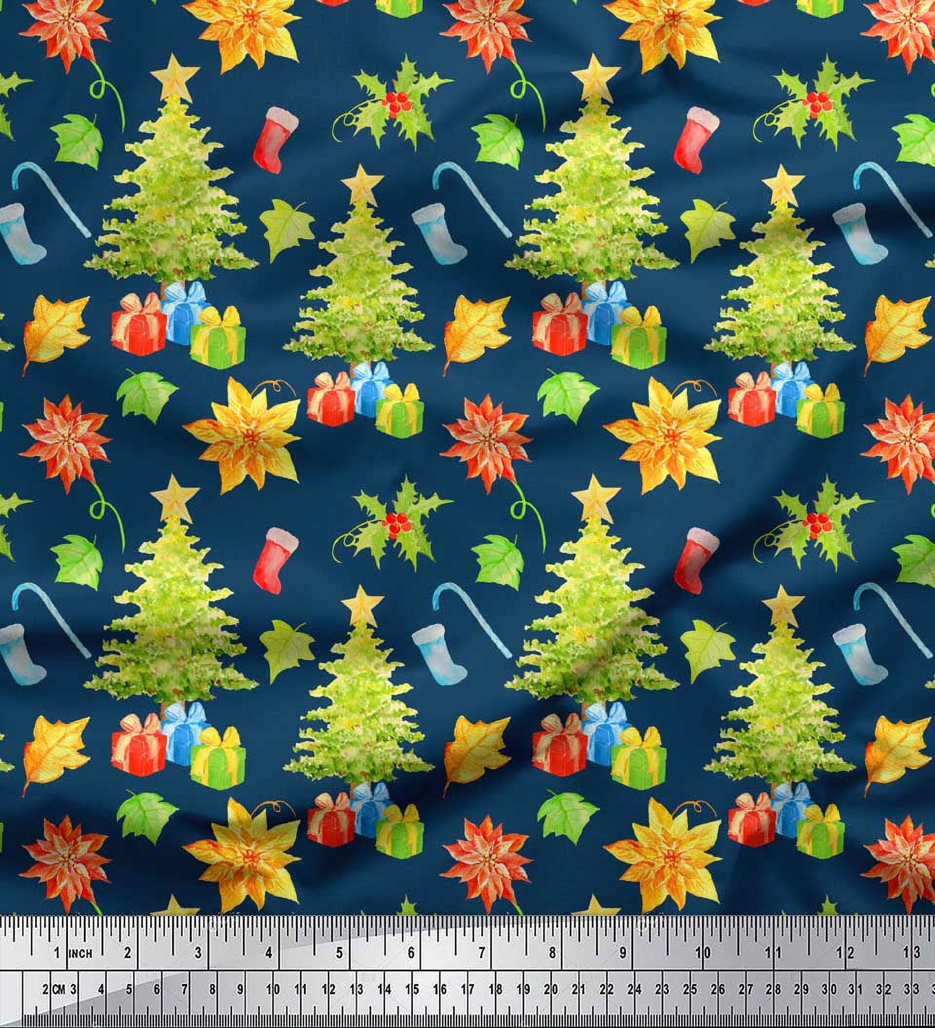 Soimoi Blue polyester Crepe Fabric Gifts & Christmas Tree Fabric Prints By Yard 42 Inch Wide
