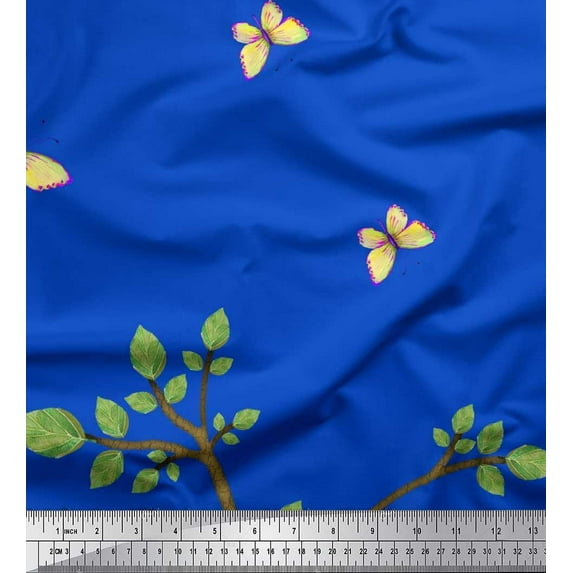 Soimoi Blue polyester Crepe Fabric Insect & Tree Panel Fabric Prints by Yard 42 Inch Wide